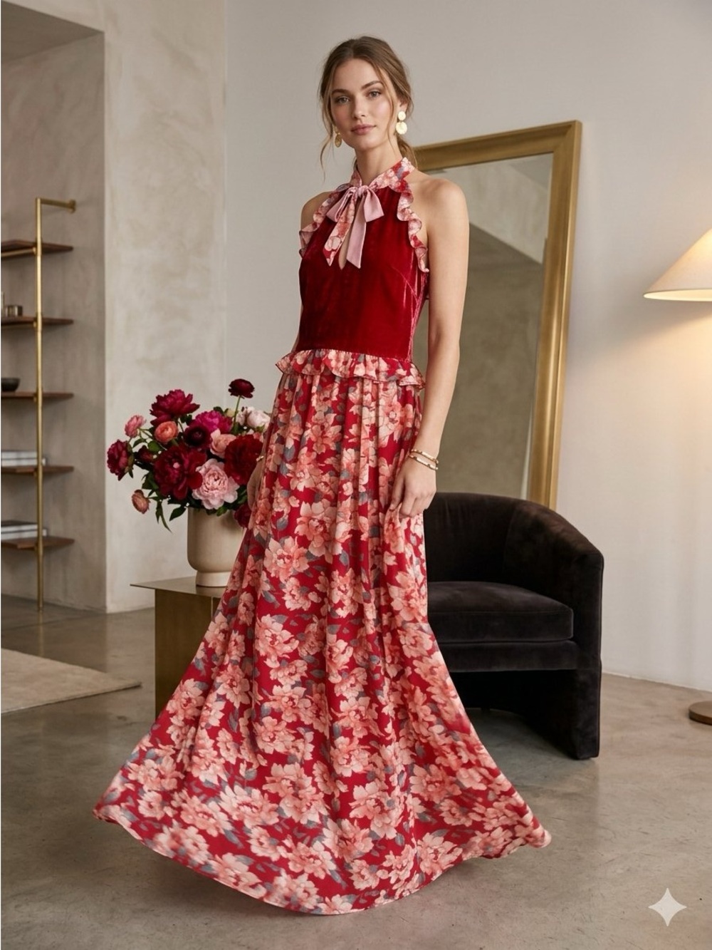 For Love & Lemons Velvet Floral Maxi Dress Ruffle Ladybug Romantic Size Large